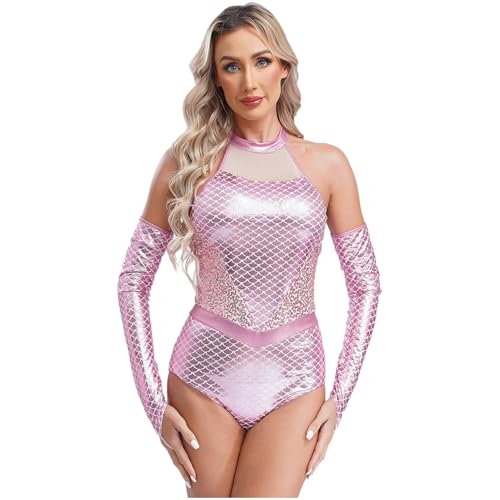 renvena Damen Meerjungfrau Kostüm Glänzend Metallic Bodysuit Ärmellos Body mit Armstulpen Shiny Fasching Karneval Rollenspiel Kostüm Rosa S von renvena