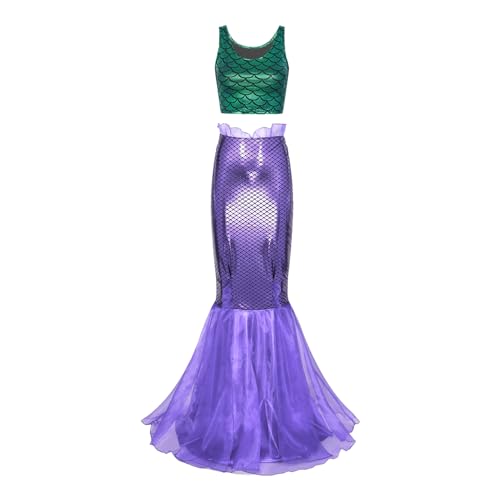 renvena Damen Meerjungfrau Kostüm Halloween Mermaid Bühnenkostüme Pailletten BH und Maxirock Cosplay Karneval Party Outfits Grün&Lila B L von renvena