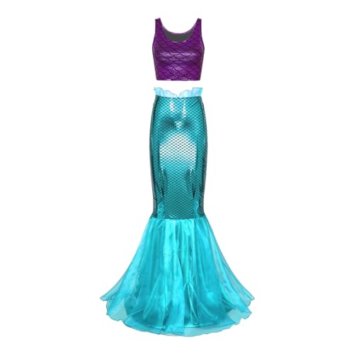 renvena Damen Meerjungfrau Kostüm Halloween Mermaid Bühnenkostüme Pailletten BH und Maxirock Cosplay Karneval Party Outfits Lila&Blau B 3XL von renvena