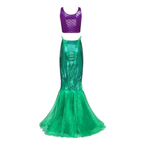renvena Damen Meerjungfrau Kostüm Halloween Mermaid Bühnenkostüme Pailletten BH und Maxirock Cosplay Karneval Party Outfits Lila&Grün B 3XL von renvena