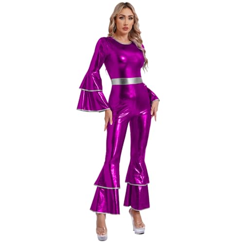renvena Damen Metallic Body 70er 80er Disco Outfit Overall Glänzend Jumpsuit Schlager mit Rüschen Retro Hippe Kostüm Halloween Fasching Violett L renvena Damen Metallic Body 70er 80er Disco Outfit Overall Glänzend Jumpsuit Schlager mit Rüschen Retro Hippe Kostüm Halloween Fasching Violett L von renvena