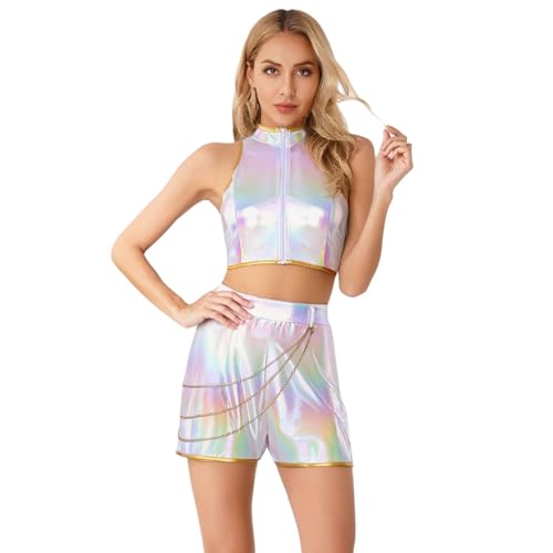 renvena Damen Metallisch Tank Top Hotpants Shorts Jäger Kostüm Anime Cosplay Outfit Zweiteiler Tanzkostüm Halloween Fasching Aufführung Schillerndes Weiß M von renvena