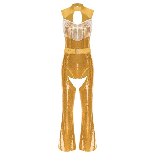 renvena Damen Pailletten Disco Hippe Outfit Einteiler Body mit Fransen Flared Hose Schlaghose Glitzernde Tanzkostüm Silvester Performance Gold L von renvena