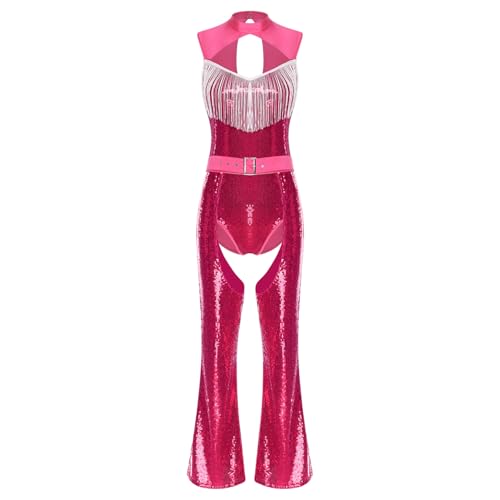 renvena Damen Pailletten Disco Hippe Outfit Einteiler Body mit Fransen Flared Hose Schlaghose Glitzernde Tanzkostüm Silvester Performance Hot Pink M von renvena