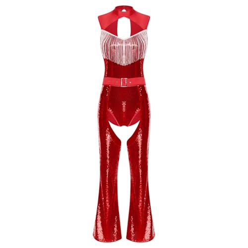renvena Damen Pailletten Disco Hippe Outfit Einteiler Body mit Fransen Flared Hose Schlaghose Glitzernde Tanzkostüm Silvester Performance Rot XXL von renvena