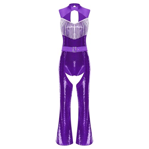 renvena Damen Pailletten Disco Hippe Outfit Einteiler Body mit Fransen Flared Hose Schlaghose Glitzernde Tanzkostüm Silvester Performance Violett XL von renvena