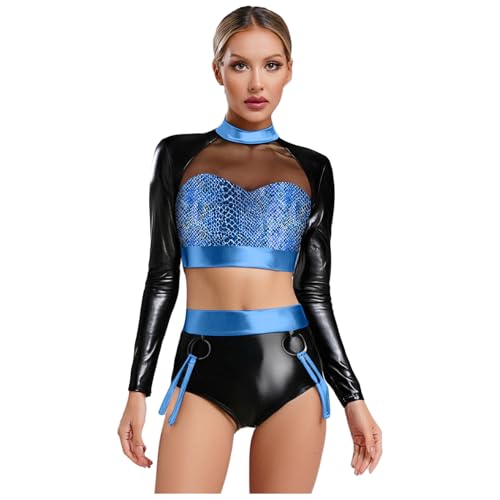 renvena Damen Party Rave Outfit Set Glänzend Oberteil Langarmshirt Kurz Shorts Hotpants Nachtclub Festival Fasching Halloween Kostüm Blau M renvena Damen Party Rave Outfit Set Glänzend Oberteil Langarmshirt Kurz Shorts Hotpants Nachtclub Festival Fasching Halloween Kostüm Blau M von renvena