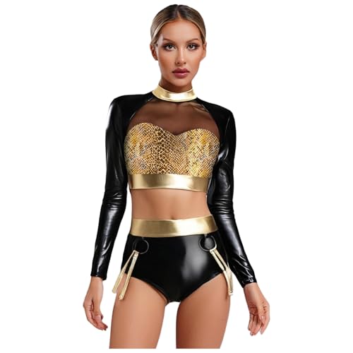 renvena Damen Party Rave Outfit Set Glänzend Oberteil Langarmshirt Kurz Shorts Hotpants Nachtclub Festival Fasching Halloween Kostüm Gold XL renvena Damen Party Rave Outfit Set Glänzend Oberteil Langarmshirt Kurz Shorts Hotpants Nachtclub Festival Fasching Halloween Kostüm Gold XL von renvena