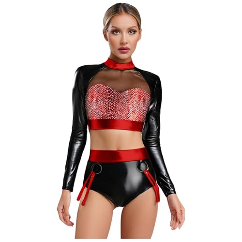 renvena Damen Party Rave Outfit Set Glänzend Oberteil Langarmshirt Kurz Shorts Hotpants Nachtclub Festival Fasching Halloween Kostüm Rot M renvena Damen Party Rave Outfit Set Glänzend Oberteil Langarmshirt Kurz Shorts Hotpants Nachtclub Festival Fasching Halloween Kostüm Rot M von renvena