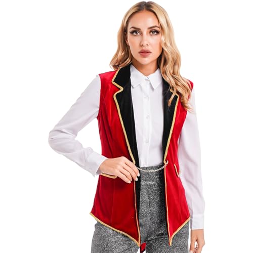 renvena Damen Ringmaster Kostüm Zirkus Direktor Weste Ärmellos Jacke Frack Samt Waistcoat Halloween Karneval Kostüm Rot XXL von renvena