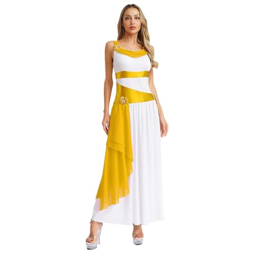 renvena Damen Römische Göttin Königin Kostüm Kleid Lange Ärmellos Toga Maxikleid Rollenspiel Karneval Fasching Kostüm Weiß&Gelb S von renvena