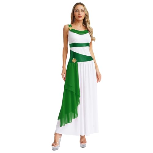 renvena Damen Römische Göttin Königin Kostüm Kleid Lange Ärmellos Toga Maxikleid Rollenspiel Karneval Fasching Kostüm Weiß&Grün 3XL von renvena