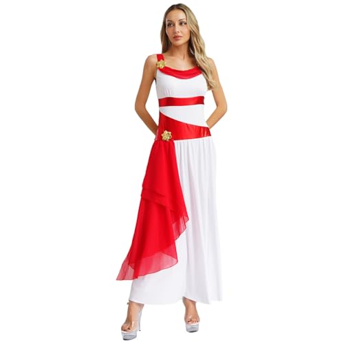 renvena Damen Römische Göttin Königin Kostüm Kleid Lange Ärmellos Toga Maxikleid Rollenspiel Karneval Fasching Kostüm Weiß&Rot XXL von renvena