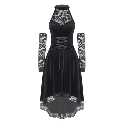 renvena Damen Vampir Kostüm Neckholder High Low Kleid Samt Partykleid mit Armstulpen Halloween Gothic Punk Hexe Kostüm Karneval Schwarz XXL von renvena