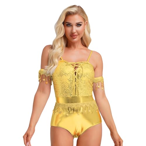 renvena Damen Vintage Disco Kostüm Glänzend Bodysuit Overall Spaghettiträger Body mit Ärmstulpen Sänger Kostüm Gold XXL renvena Damen Vintage Disco Kostüm Glänzend Bodysuit Overall Spaghettiträger Body mit Ärmstulpen Sänger Kostüm Gold XXL von renvena