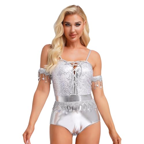 renvena Damen Vintage Disco Kostüm Glänzend Bodysuit Overall Spaghettiträger Body mit Ärmstulpen Sänger Kostüm Silber XL renvena Damen Vintage Disco Kostüm Glänzend Bodysuit Overall Spaghettiträger Body mit Ärmstulpen Sänger Kostüm Silber XL von renvena