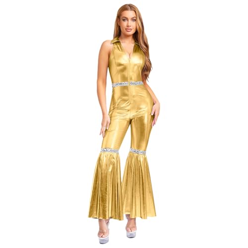 renvena Damen Vintage Hippe Kostüm Metallic Jumpsuit Einteiler Overall Ärmellos Boot Cut Disco Outfit Fasching Karneval Mottoparty Gold XL von renvena