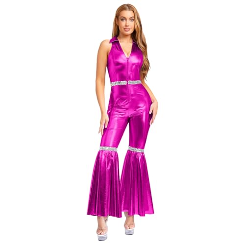 renvena Damen Vintage Hippe Kostüm Metallic Jumpsuit Einteiler Overall Ärmellos Boot Cut Disco Outfit Fasching Karneval Mottoparty Hot Pink M von renvena