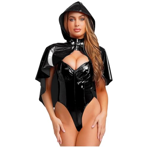 renvena Damen Vintage Steampunk Gothic Kleidung Umhang mit Kapuze Kurze Cape Cloak Lackleder Bodysuit Mottoparty Rollenspiel Kostüm Schwarz M von renvena