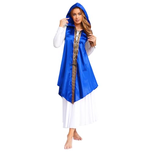 renvena Damen Vintage Steampunk Gothic Umhang Cape mit Kapuze Schnürung Ärmellos Robe Mittelalter Kleidung Fasching Mottoparty Blau XL von renvena