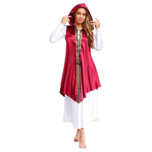 renvena Damen Vintage Steampunk Gothic Umhang Cape mit Kapuze Schnürung Ärmellos Robe Mittelalter Kleidung Fasching Mottoparty Burgundy S von renvena