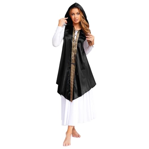 renvena Damen Vintage Steampunk Gothic Umhang Cape mit Kapuze Schnürung Ärmellos Robe Mittelalter Kleidung Fasching Mottoparty Schwarz XXL von renvena