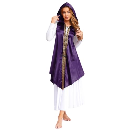 renvena Damen Vintage Steampunk Gothic Umhang Cape mit Kapuze Schnürung Ärmellos Robe Mittelalter Kleidung Fasching Mottoparty Violett XL von renvena