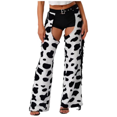 renvena Damen Western Cowboy Kostüm Chaps Lang Kuhflecken Muster Hose mit Quasten Fasching Karneval Rollenspiel Kostüm Schwarz&Weiß 4XL von renvena