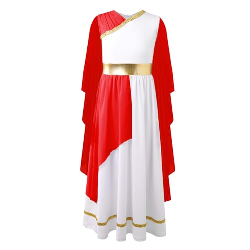 renvena Griechische Göttin Kostüm Kinder Mädchen Lange Kleid V-Ausschnitt Maxi Tunika Kleid mit Drapierung Verkleidung Mottoparty Karneval Outfit Rot 170 von renvena