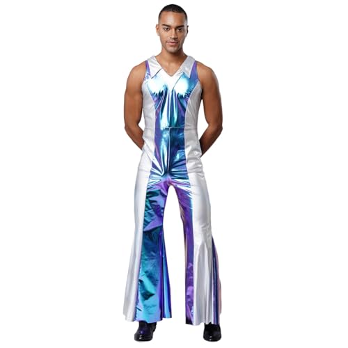 renvena Herren Glänzend Jumpsuit Einteiler Anzug Overall Ärmellos Schlager mit Kontrastfarbe Hippie Disco Outfit Halloween Rave Party Kostüm Blau XXL von renvena