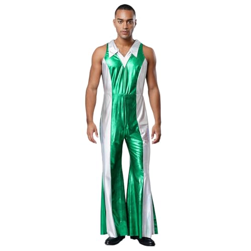 renvena Herren Glänzend Jumpsuit Einteiler Anzug Overall Ärmellos Schlager mit Kontrastfarbe Hippie Disco Outfit Halloween Rave Party Kostüm Grün XXL von renvena