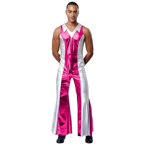 renvena Herren Glänzend Jumpsuit Einteiler Anzug Overall Ärmellos Schlager mit Kontrastfarbe Hippie Disco Outfit Halloween Rave Party Kostüm Hot Pink L von renvena