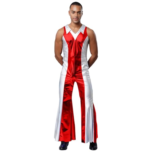 renvena Herren Glänzend Jumpsuit Einteiler Anzug Overall Ärmellos Schlager mit Kontrastfarbe Hippie Disco Outfit Halloween Rave Party Kostüm Rot M von renvena