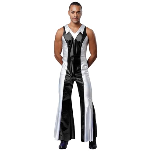 renvena Herren Glänzend Jumpsuit Einteiler Anzug Overall Ärmellos Schlager mit Kontrastfarbe Hippie Disco Outfit Halloween Rave Party Kostüm Schwarz L von renvena