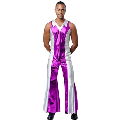 renvena Herren Glänzend Jumpsuit Einteiler Anzug Overall Ärmellos Schlager mit Kontrastfarbe Hippie Disco Outfit Halloween Rave Party Kostüm Violett L von renvena