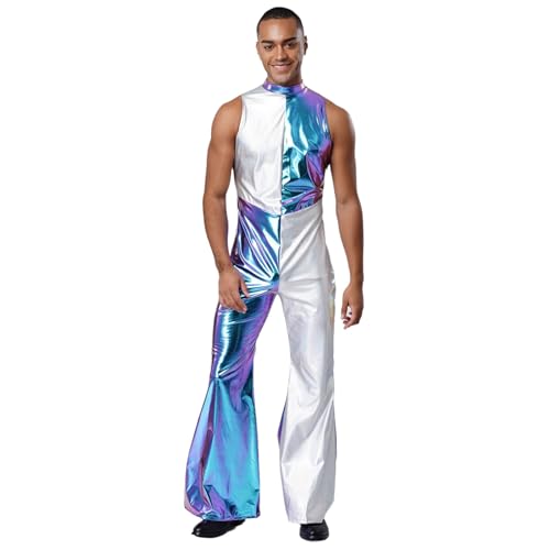 renvena Herren Glänzend Jumpsuit Einteiler Body Ärmellos Farbblock Overall Schlager Hippe Disco Kostüm Halloween Fasching Karneval Blau M von renvena