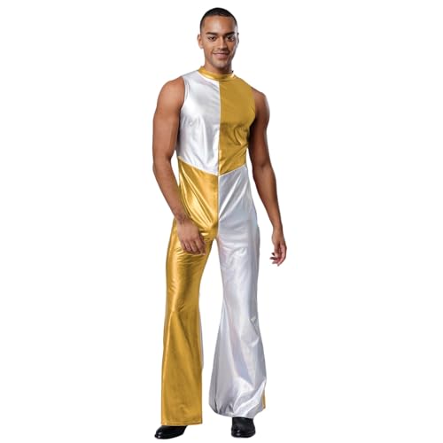 renvena Herren Glänzend Jumpsuit Einteiler Body Ärmellos Farbblock Overall Schlager Hippe Disco Kostüm Halloween Fasching Karneval Gold 3XL von renvena