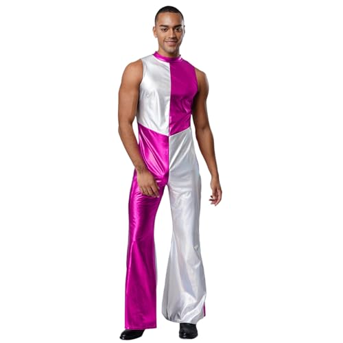 renvena Herren Glänzend Jumpsuit Einteiler Body Ärmellos Farbblock Overall Schlager Hippe Disco Kostüm Halloween Fasching Karneval Hot Pink M von renvena