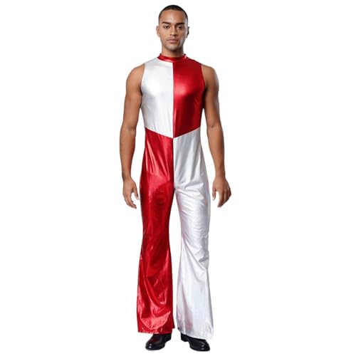 renvena Herren Glänzend Jumpsuit Einteiler Body Ärmellos Farbblock Overall Schlager Hippe Disco Kostüm Halloween Fasching Karneval Rot XL von renvena
