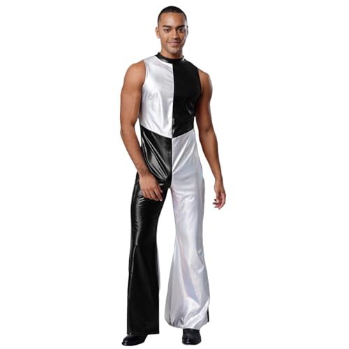 renvena Herren Glänzend Jumpsuit Einteiler Body Ärmellos Farbblock Overall Schlager Hippe Disco Kostüm Halloween Fasching Karneval Schwarz M von renvena