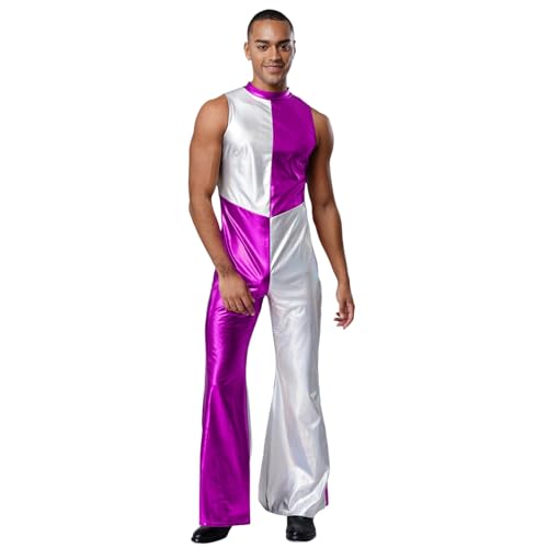 renvena Herren Glänzend Jumpsuit Einteiler Body Ärmellos Farbblock Overall Schlager Hippe Disco Kostüm Halloween Fasching Karneval Violett 3XL von renvena