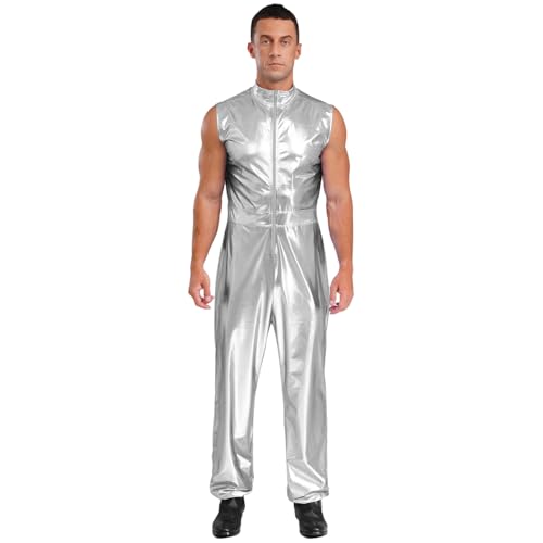 renvena Herren Glänzend Overall Jumpsuit Ärmellos Einteiler Raumfahrer Anzug Astronaut Weltraumfahrer Kostüm Halloween Karneval Kostüm Silber L von renvena