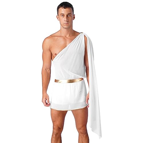 renvena Herren Griechischer Gott Kostüm Sexy Römische Toga Kostüm Kurz Gewand Rock mit Umschlagtuch Erwachshene Halloween Kostüm Weiß D S von renvena