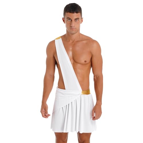 renvena Herren Griechischer Gott Kostüm Sexy Römische Toga Kostüm Kurz Gewand Rock mit Umschlagtuch Erwachshene Halloween Kostüm Weiß S von renvena