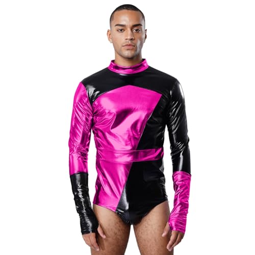 renvena Herren Metallic Body Langarm Bodysuit Overall Colorblock Unterhemd mit Handschuhe Disco Kostüm Halloween Fasching Hot Pink M von renvena
