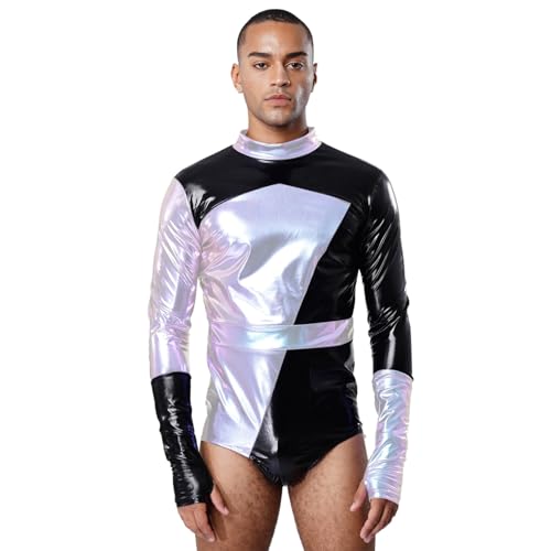 renvena Herren Metallic Body Langarm Bodysuit Overall Colorblock Unterhemd mit Handschuhe Disco Kostüm Halloween Fasching Silber M von renvena