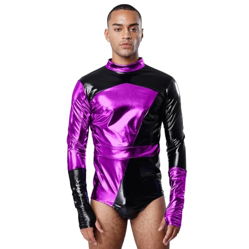 renvena Herren Metallic Body Langarm Bodysuit Overall Colorblock Unterhemd mit Handschuhe Disco Kostüm Halloween Fasching Violett L von renvena