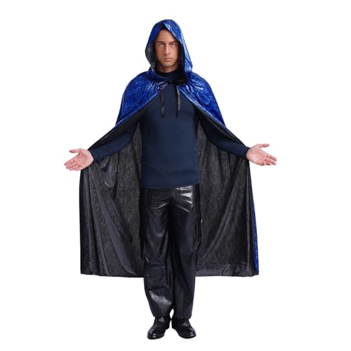renvena Herren Metallic Umhang Lange Robe mit Kapuze Mittelalter Kleidung Glänzend Vampir Zauberer Kostüm Mottoparty Fasching Kostüm Blau XL von renvena