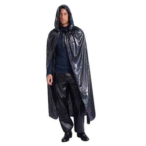 renvena Herren Metallic Umhang Lange Robe mit Kapuze Mittelalter Kleidung Glänzend Vampir Zauberer Kostüm Mottoparty Fasching Kostüm Schwarz L von renvena