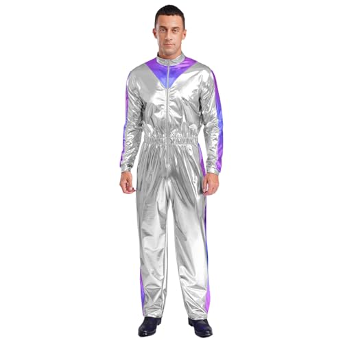 renvena Herren Raumfahrer Anzug Kostüm Glänzend Metallic Overall Jumpsuit Halloween Karneval Kostüm Cosplay Outfit Silber XL von renvena